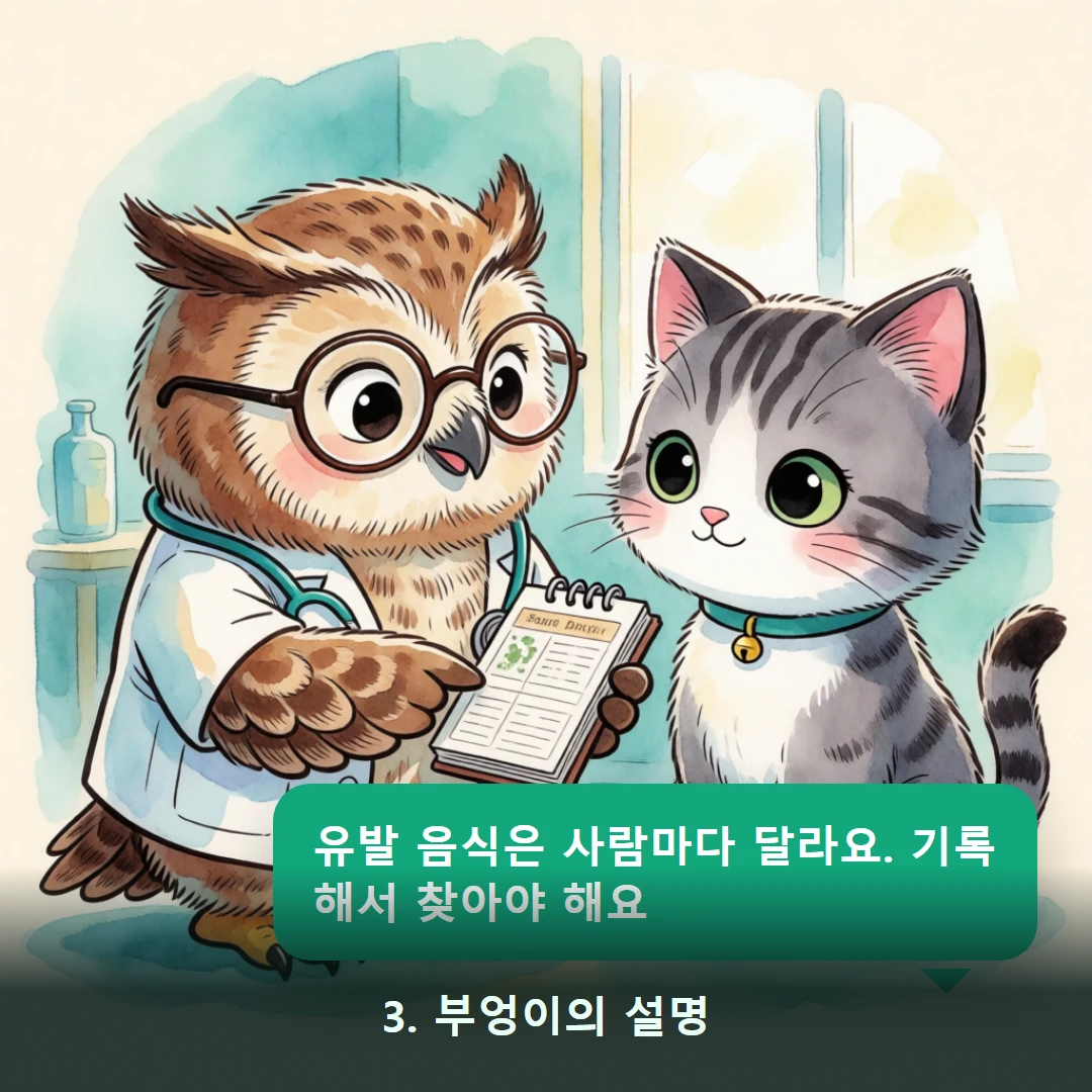웹툰 3컷 — 3. 부엉이의 설명 (유발 음식은 사람마다 달라요. 기록해서 찾아야 해요)