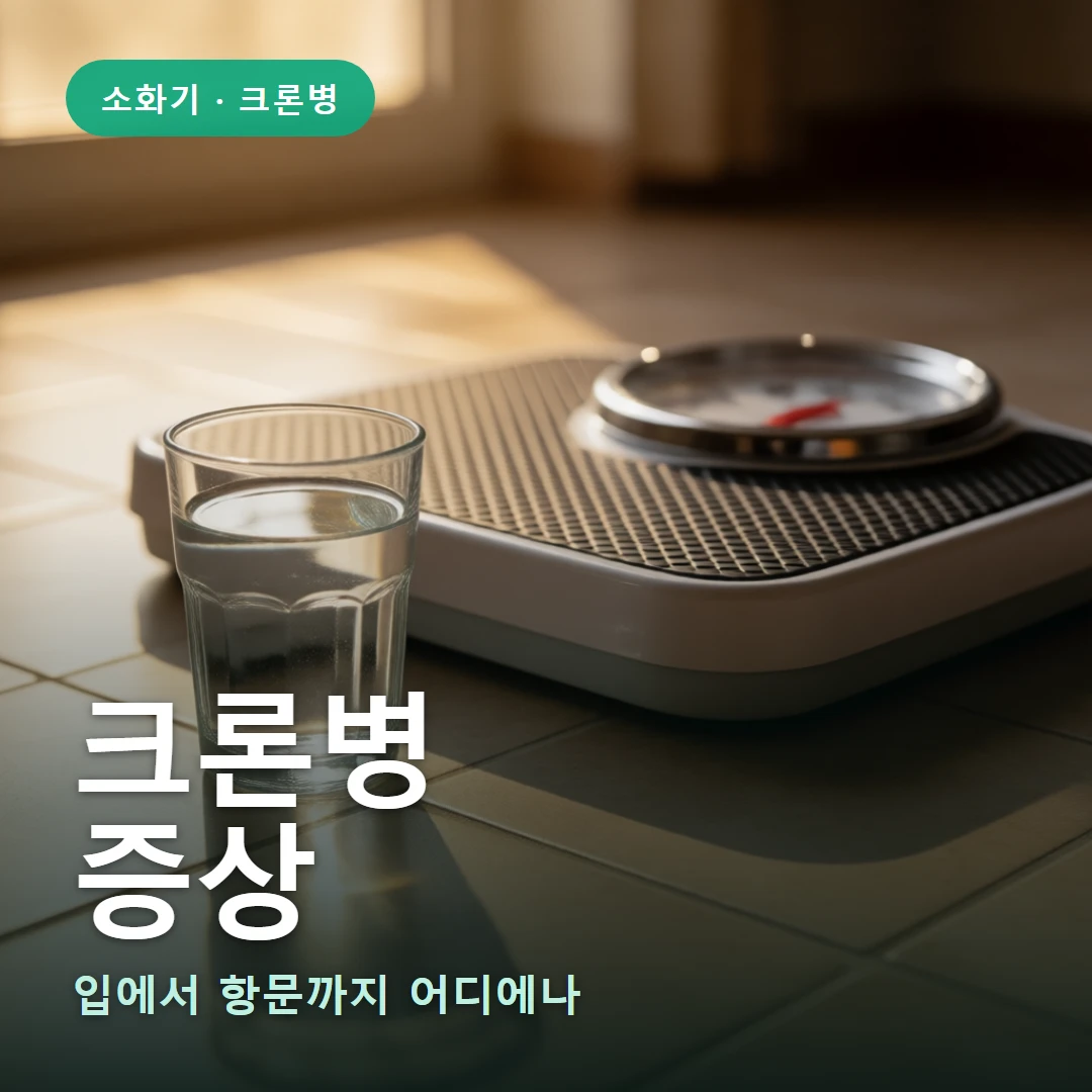 크론병 증상 요약 표지 — 입에서 항문까지 어디에나