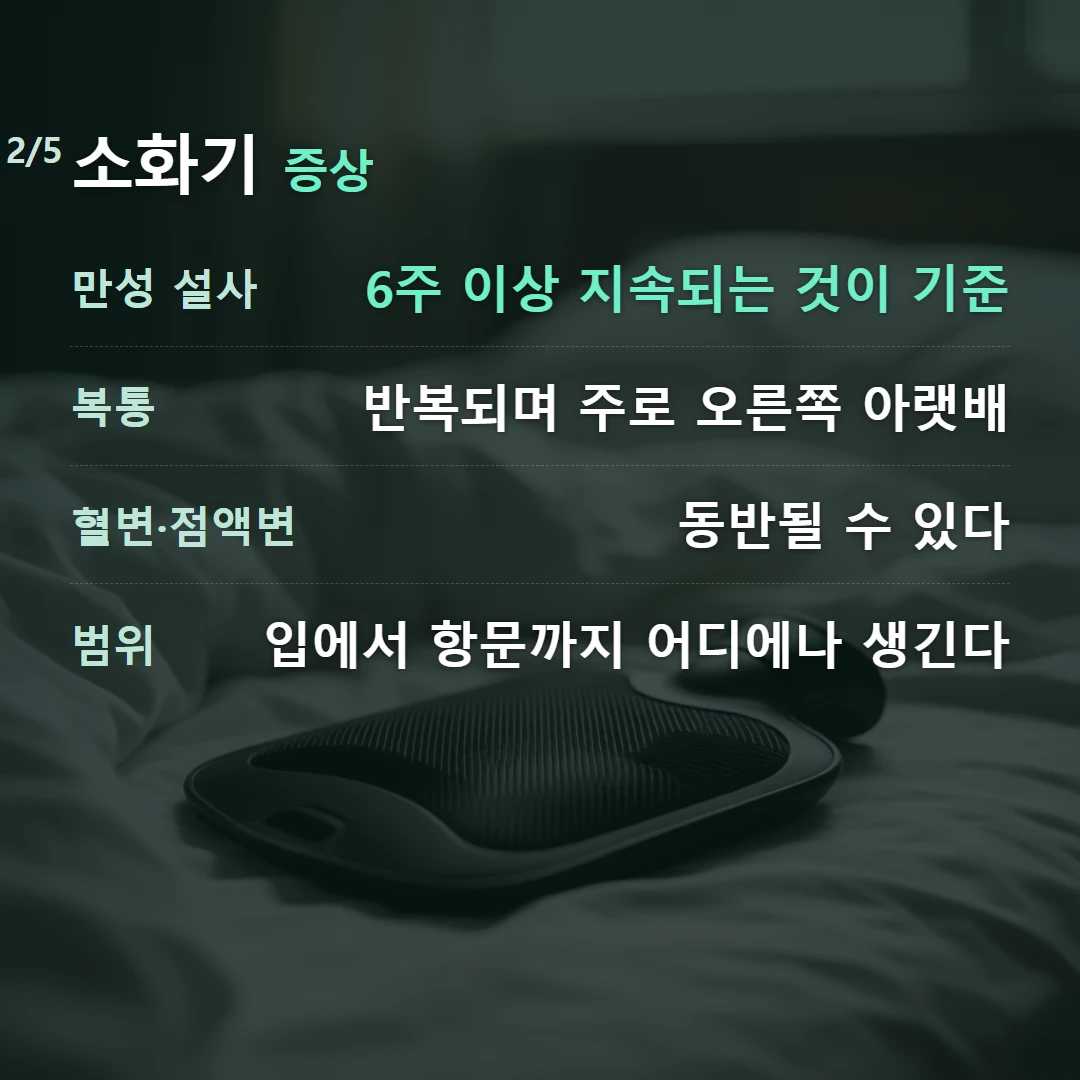 소화기 증상 — 만성 설사 6주 이상 지속되는 것이 기준, 복통 반복되며 주로 오른쪽 아랫배, 혈변·점액변 동반될 수 있다, 범위 입에서 항문까지 어디에나 생긴다