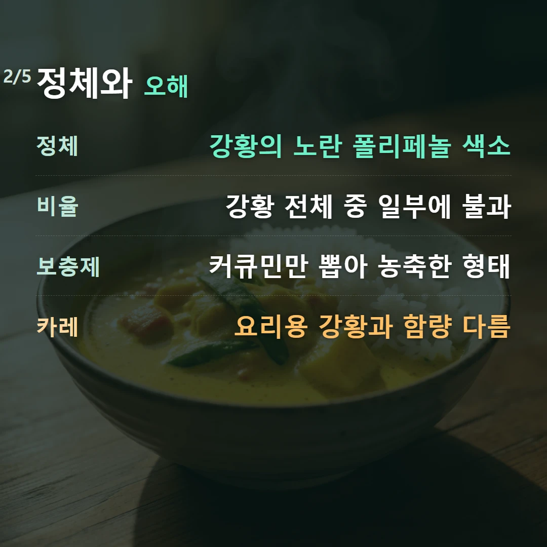 정체와 오해 — 정체 강황의 노란 폴리페놀 색소, 비율 강황 전체 중 일부에 불과, 보충제 커큐민만 뽑아 농축한 형태, 카레 요리용 강황과 함량 다름