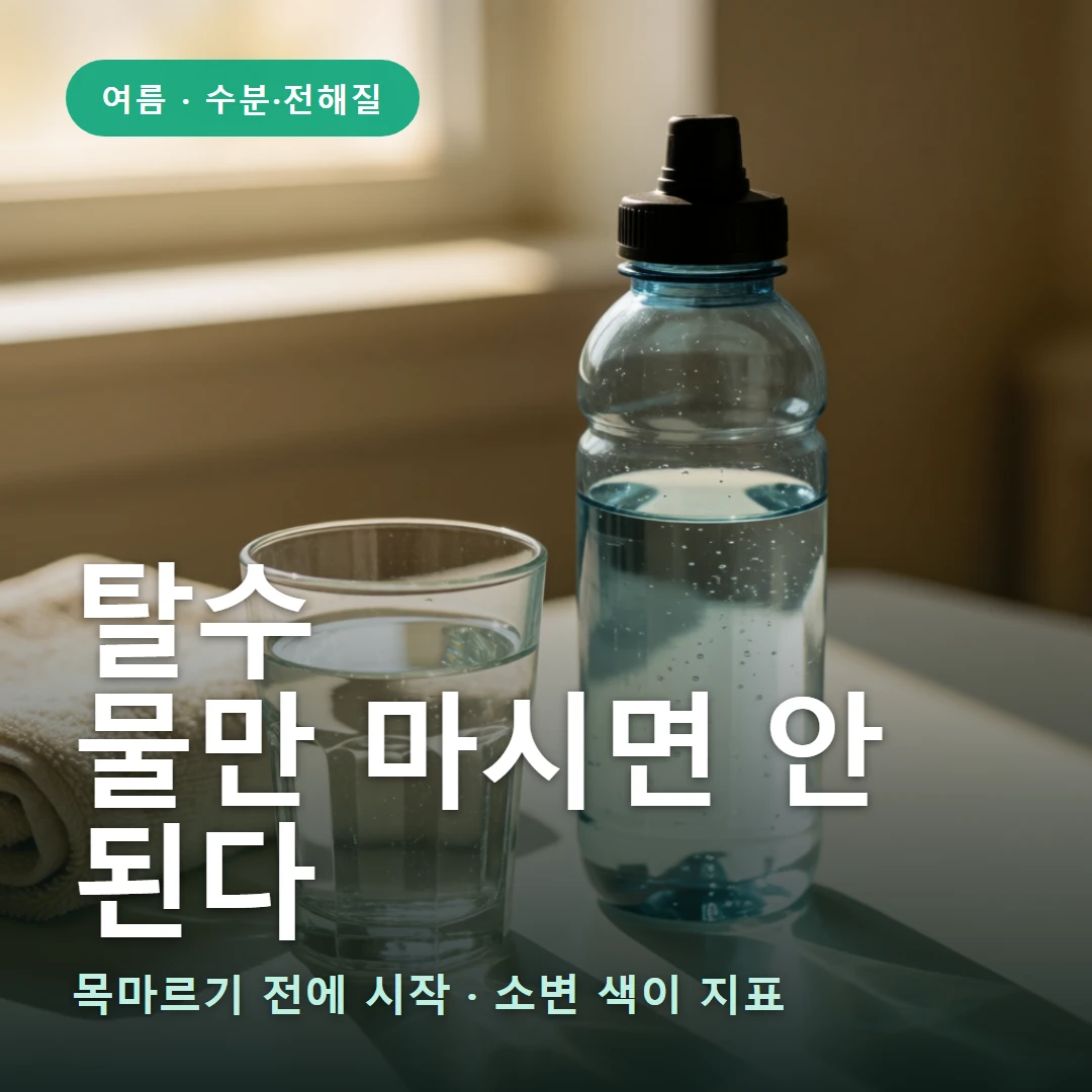 탈수 요약 표지 — 목마르기 전에 시작 · 소변 색이 지표