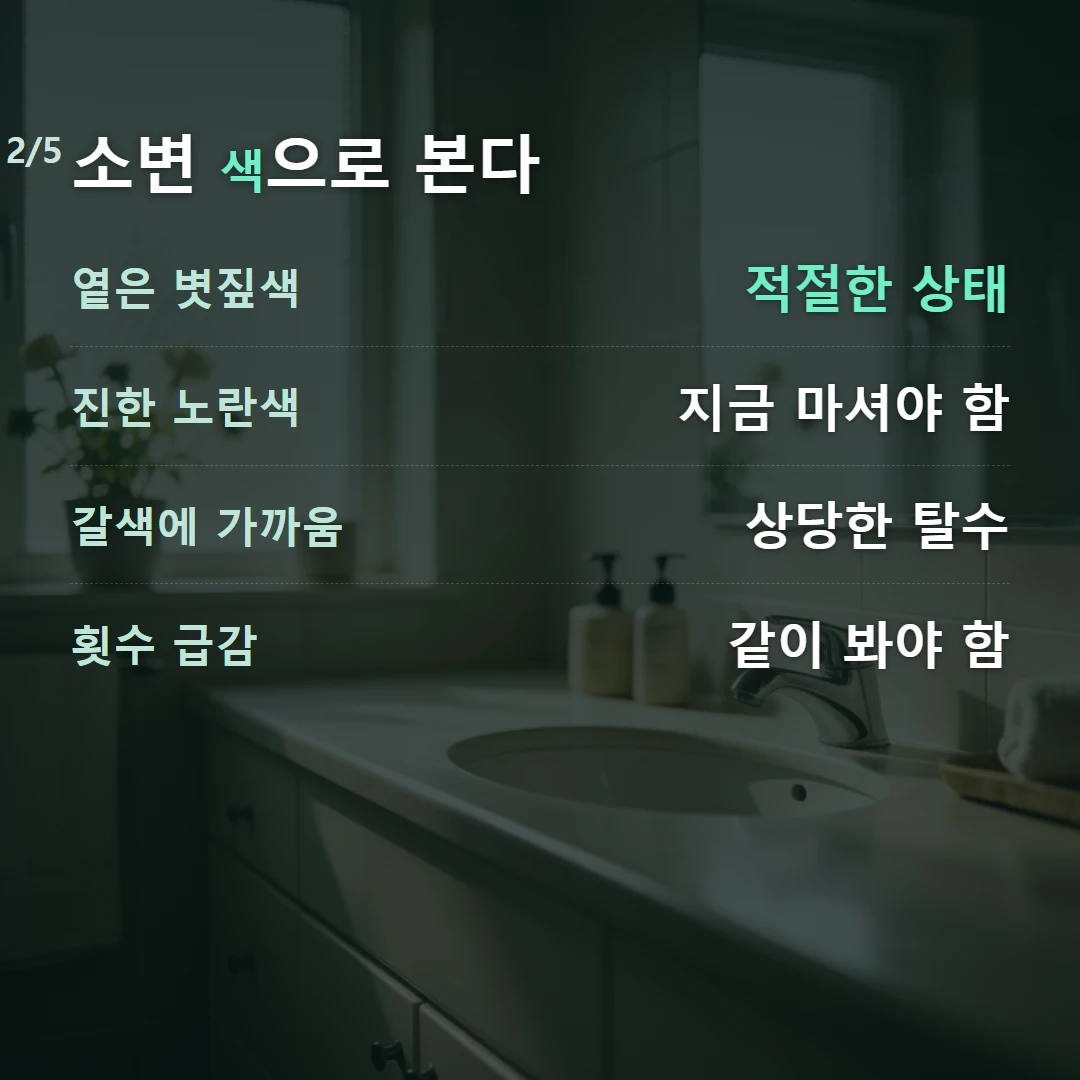 소변 색으로 본다 — 옅은 볏짚색 적절한 상태, 진한 노란색 지금 마셔야 함, 갈색에 가까움 상당한 탈수, 횟수 급감 같이 봐야 함
