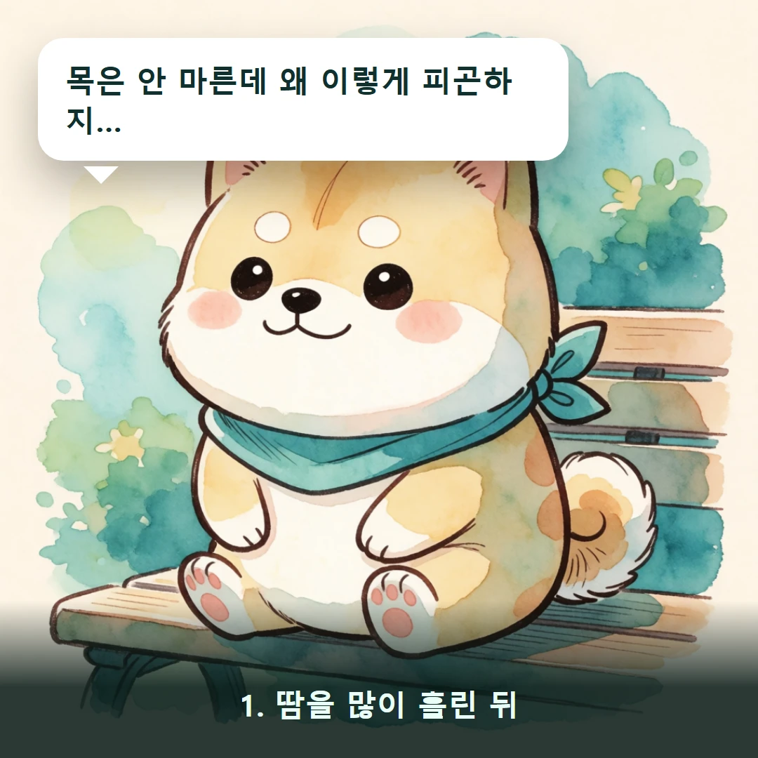 웹툰 1컷 — 1. 땀을 많이 흘린 뒤 (목은 안 마른데 왜 이렇게 피곤하지…)