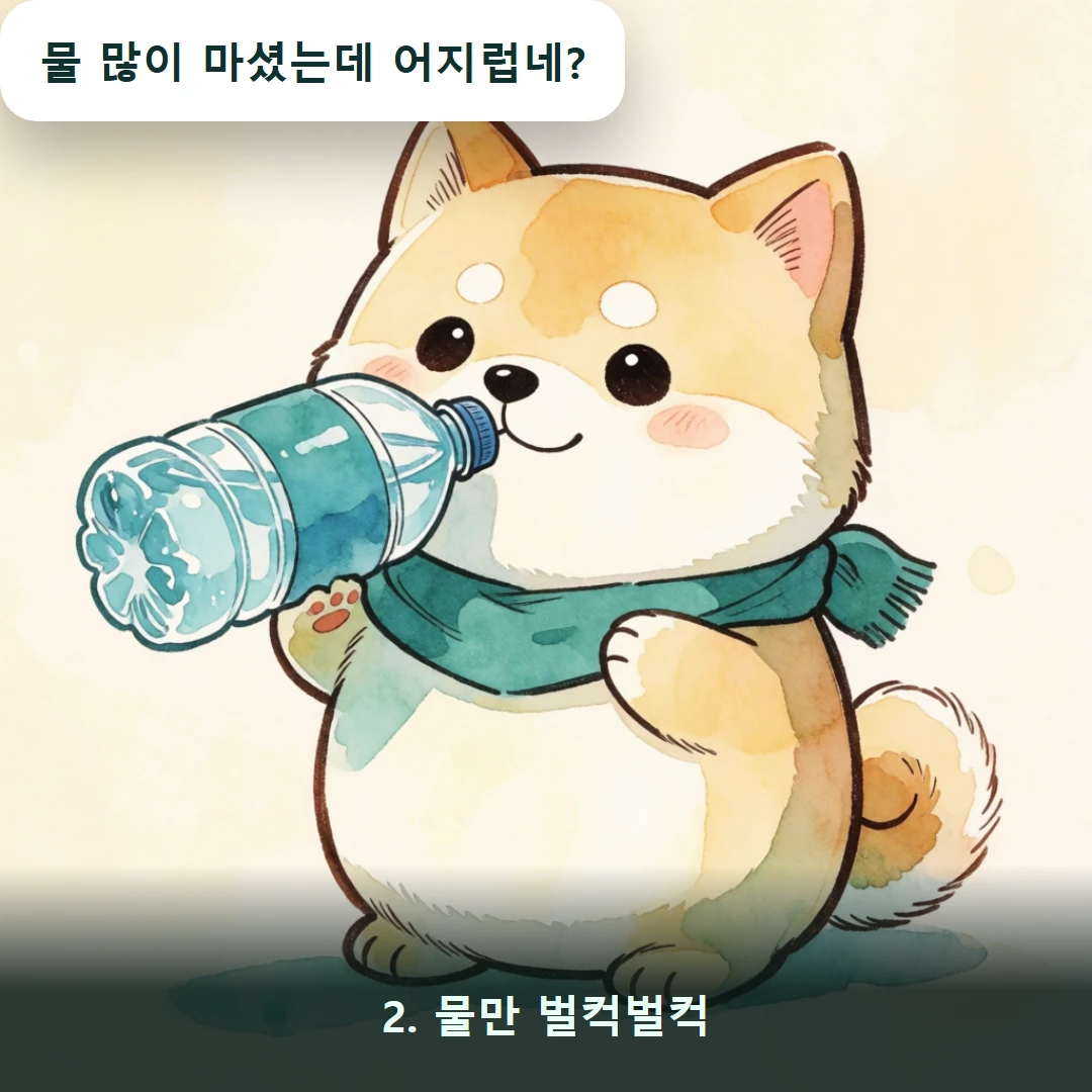 웹툰 2컷 — 2. 물만 벌컥벌컥 (물 많이 마셨는데 어지럽네?)