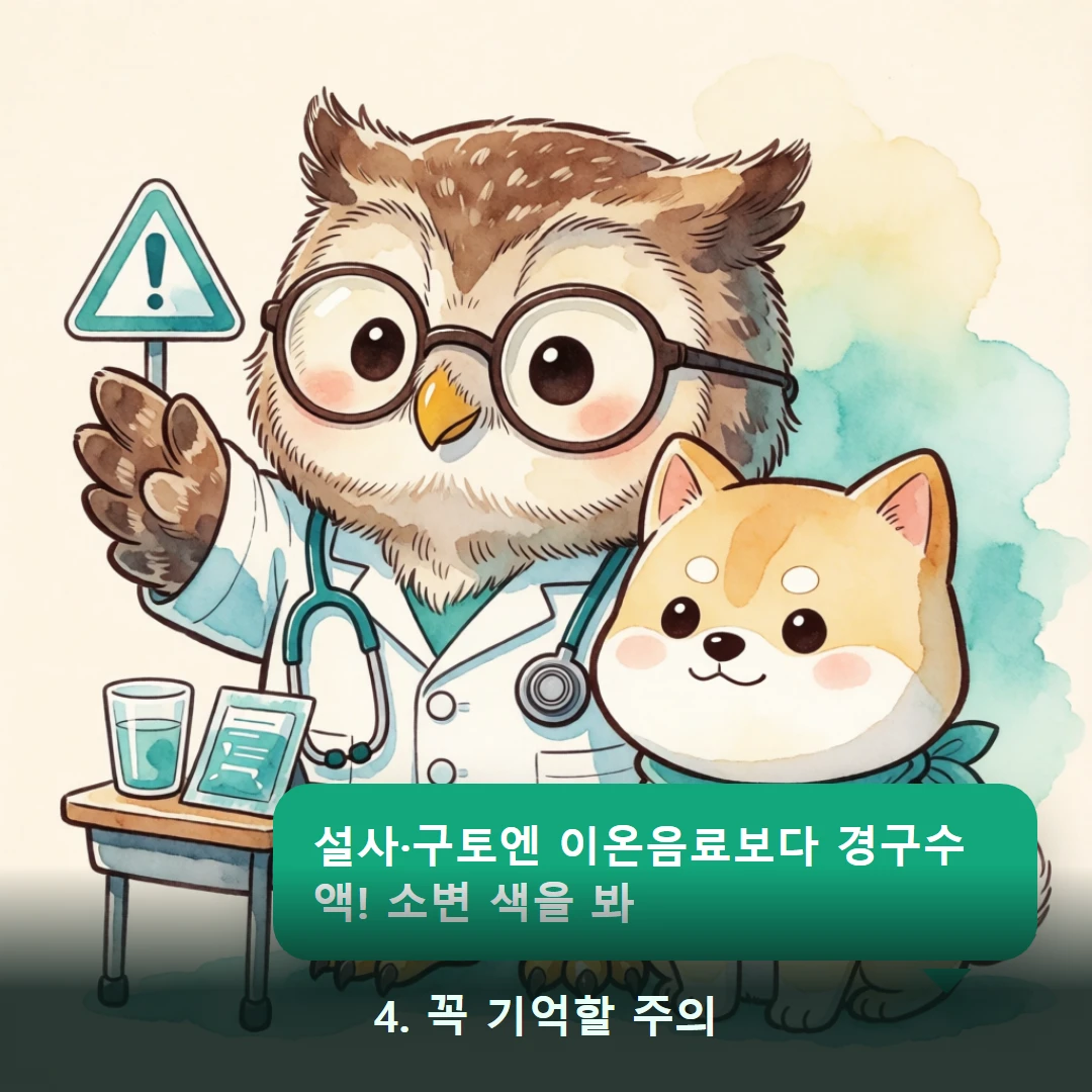 웹툰 4컷 — 4. 꼭 기억할 주의 (설사·구토엔 이온음료보다 경구수액! 소변 색을 봐)