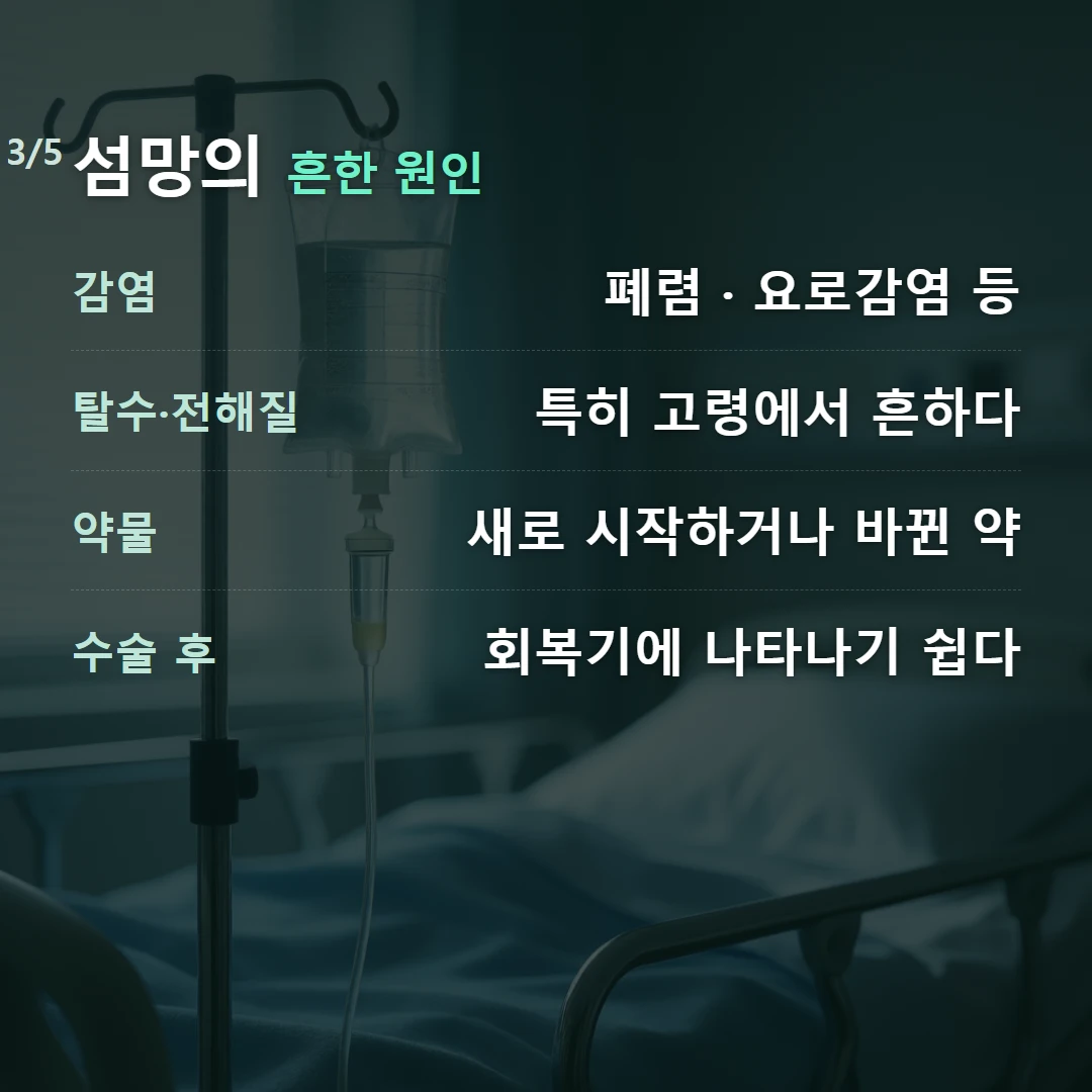 섬망의 흔한 원인 — 감염 폐렴 · 요로감염 등, 탈수·전해질 특히 고령에서 흔하다, 약물 새로 시작하거나 바뀐 약, 수술 후 회복기에 나타나기 쉽다