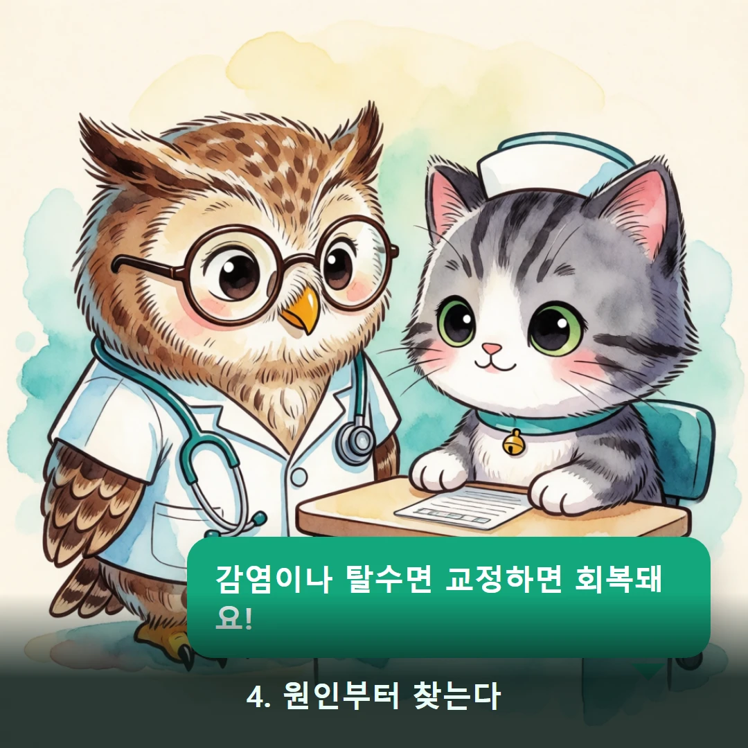 웹툰 4컷 — 4. 원인부터 찾는다 (감염이나 탈수면 교정하면 회복돼요!)