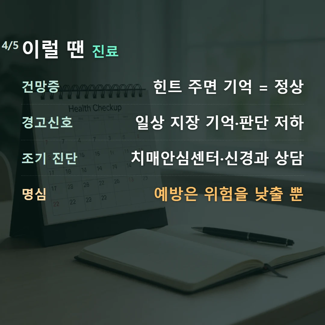 이럴 땐 진료 — 건망증 힌트 주면 기억 = 정상, 경고신호 일상 지장 기억·판단 저하, 조기 진단 치매안심센터·신경과 상담, 명심 예방은 위험을 낮출 뿐