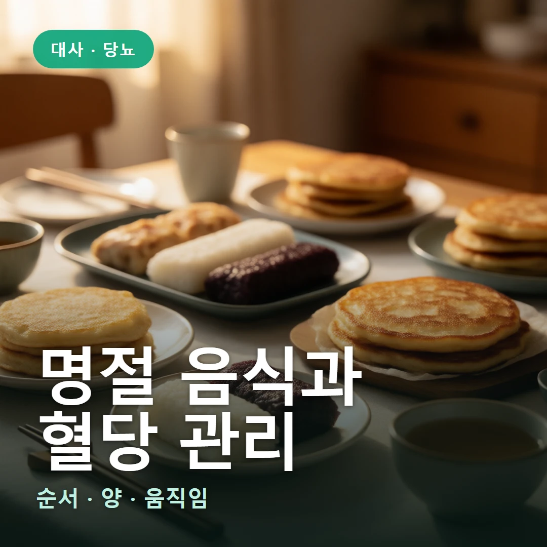 명절 음식과 혈당 요약 표지 — 순서 · 양 · 움직임