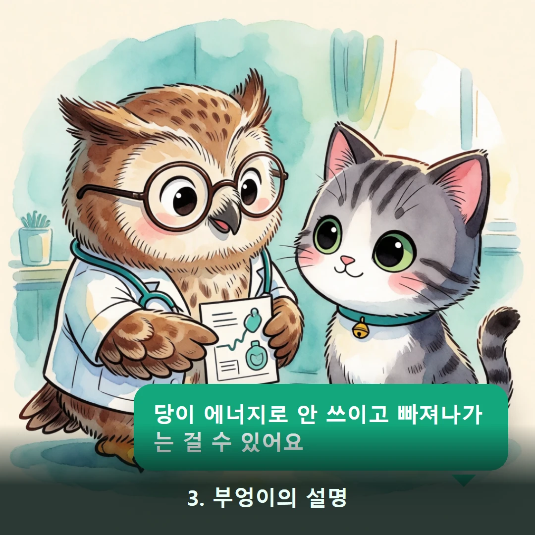 웹툰 3컷 — 3. 부엉이의 설명 (당이 에너지로 안 쓰이고 빠져나가는 걸 수 있어요)