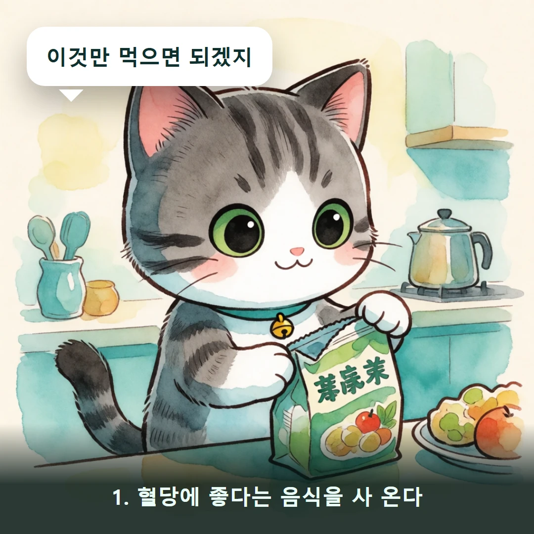 웹툰 1컷 — 1. 혈당에 좋다는 음식을 사 온다 (이것만 먹으면 되겠지)