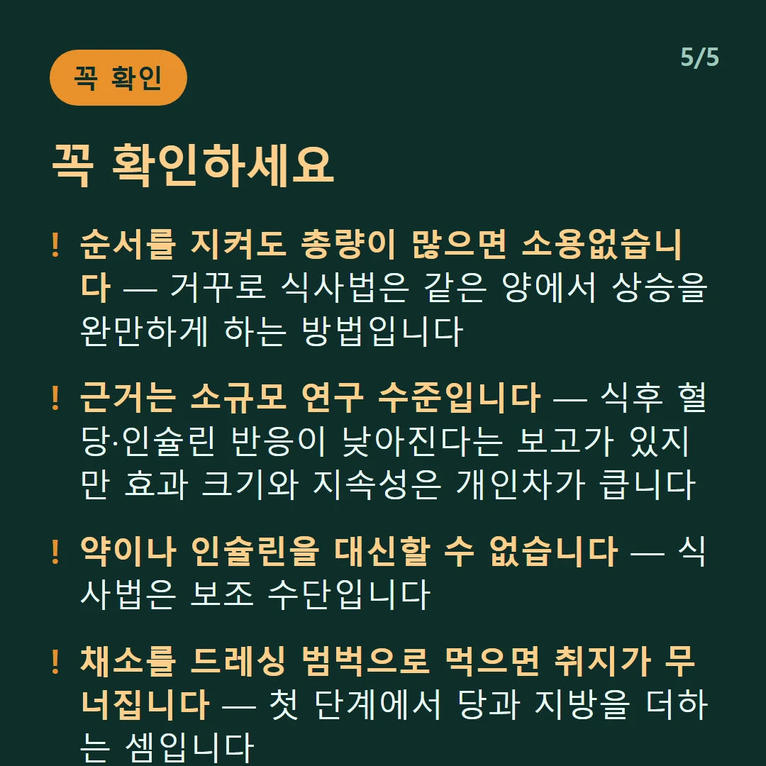 꼭 확인하세요 — 순서를 지켜도 총량이 많으면 소용없습니다 — 거꾸로 식사법은 같은 양에서 상승을 완만하게 하는 방법입니다 / 근거는 소규모 연구 수준입니다 — 식후 혈당·인슐린 반응이 낮아진다는 보고가 있지만 효과 크기와 지속성은 개인차가 큽니다 / 약이나 인슐린을 대신할 수 없습니다 — 식사법은 보조 수단입니다 / 채소를 드레싱 범벅으로 먹으면 취지가 무너집니다 — 첫 단계에서 당과 지방을 더하는 셈입니다