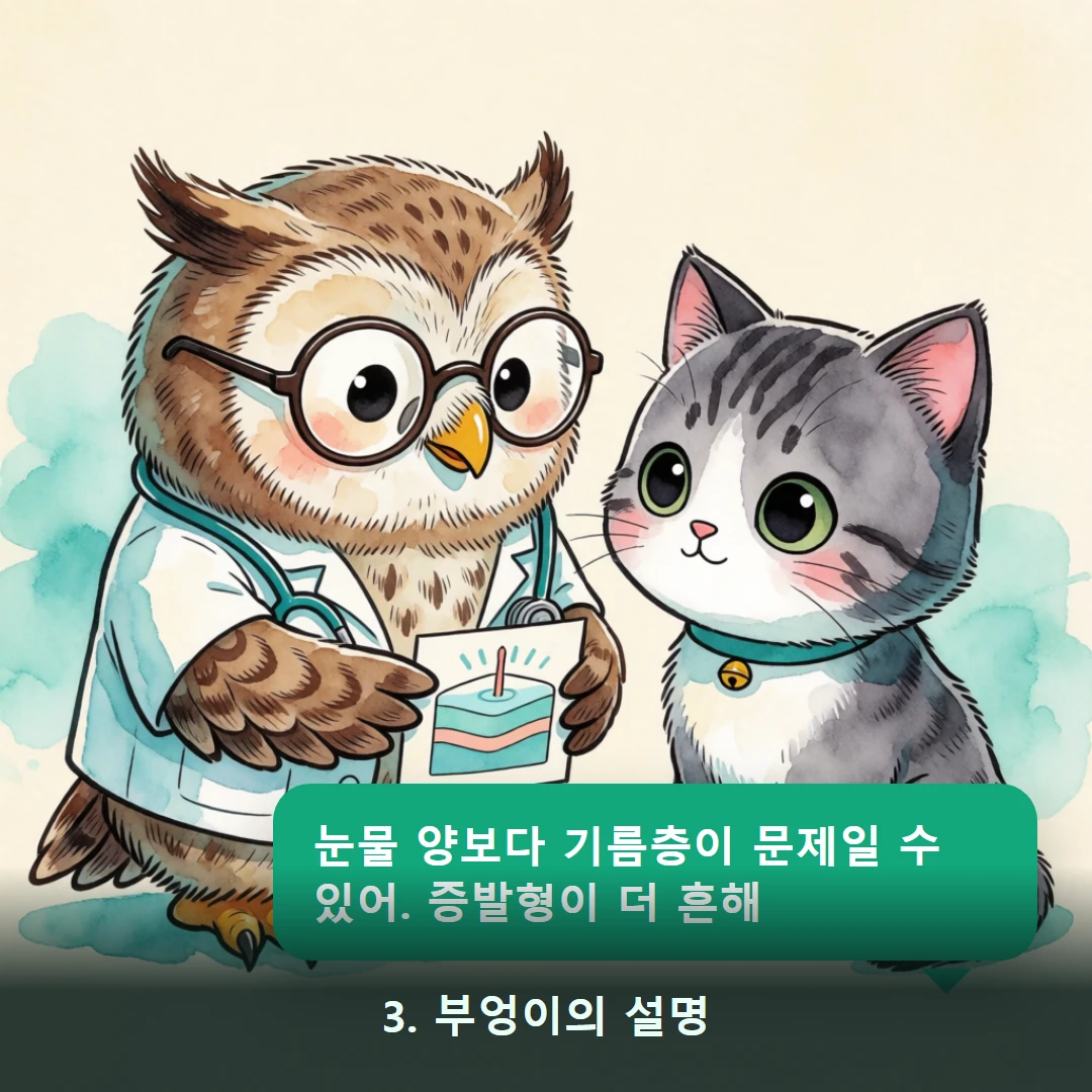 웹툰 3컷 — 3. 부엉이의 설명 (눈물 양보다 기름층이 문제일 수 있어. 증발형이 더 흔해)