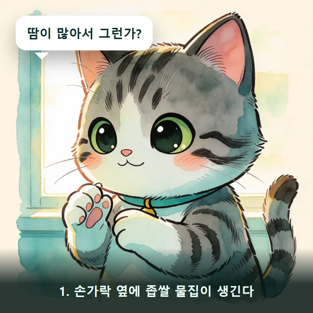 웹툰 1컷 — 1. 손가락 옆에 좁쌀 물집이 생긴다 (땀이 많아서 그런가?)