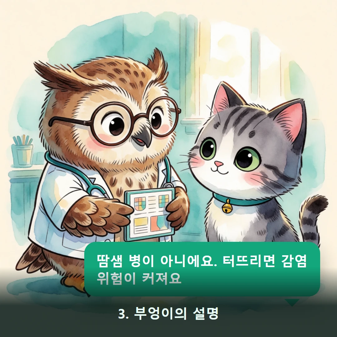 웹툰 3컷 — 3. 부엉이의 설명 (땀샘 병이 아니에요. 터뜨리면 감염 위험이 커져요)