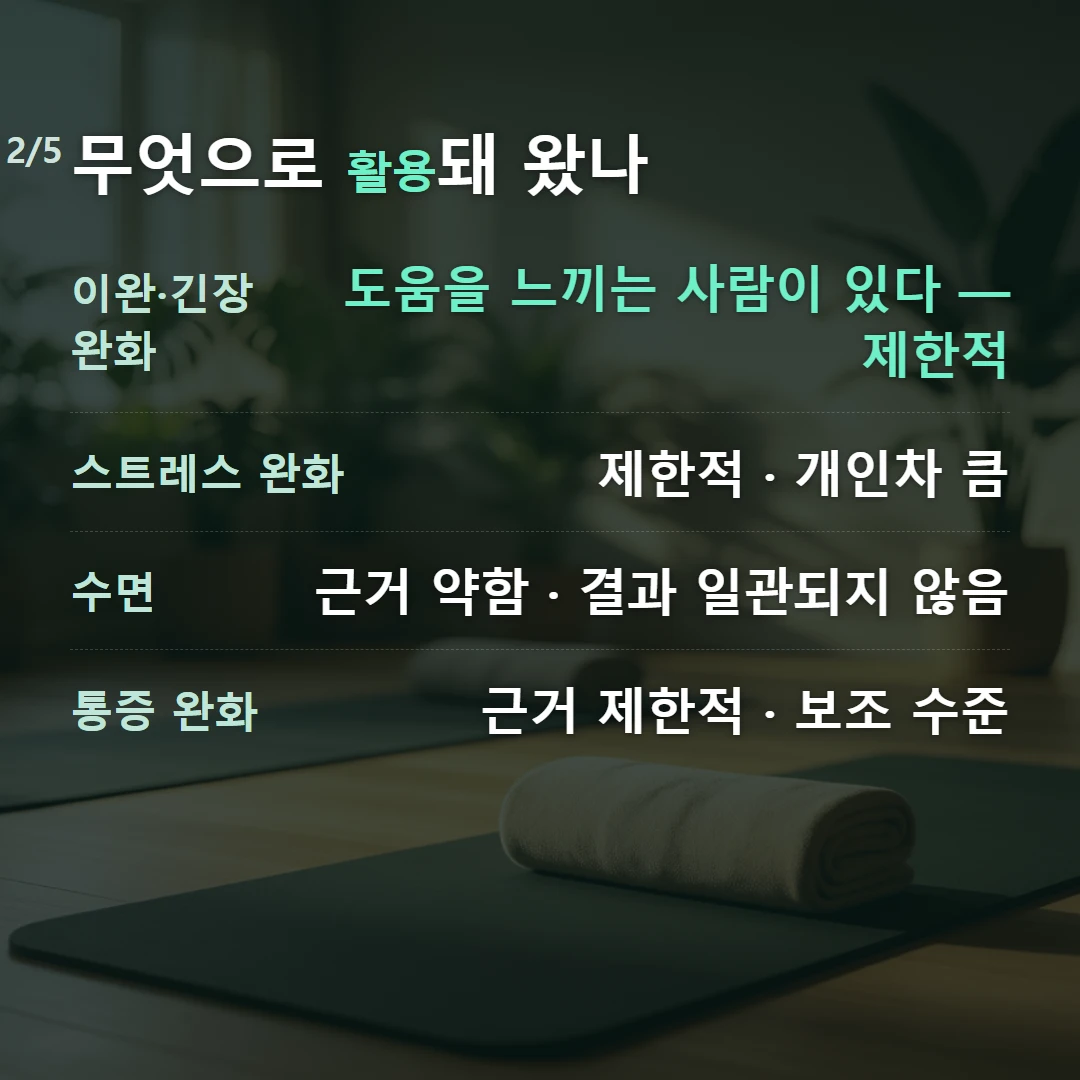 무엇으로 활용돼 왔나 — 이완·긴장 완화 도움을 느끼는 사람이 있다 — 제한적, 스트레스 완화 제한적 · 개인차 큼, 수면 근거 약함 · 결과 일관되지 않음, 통증 완화 근거 제한적 · 보조 수준