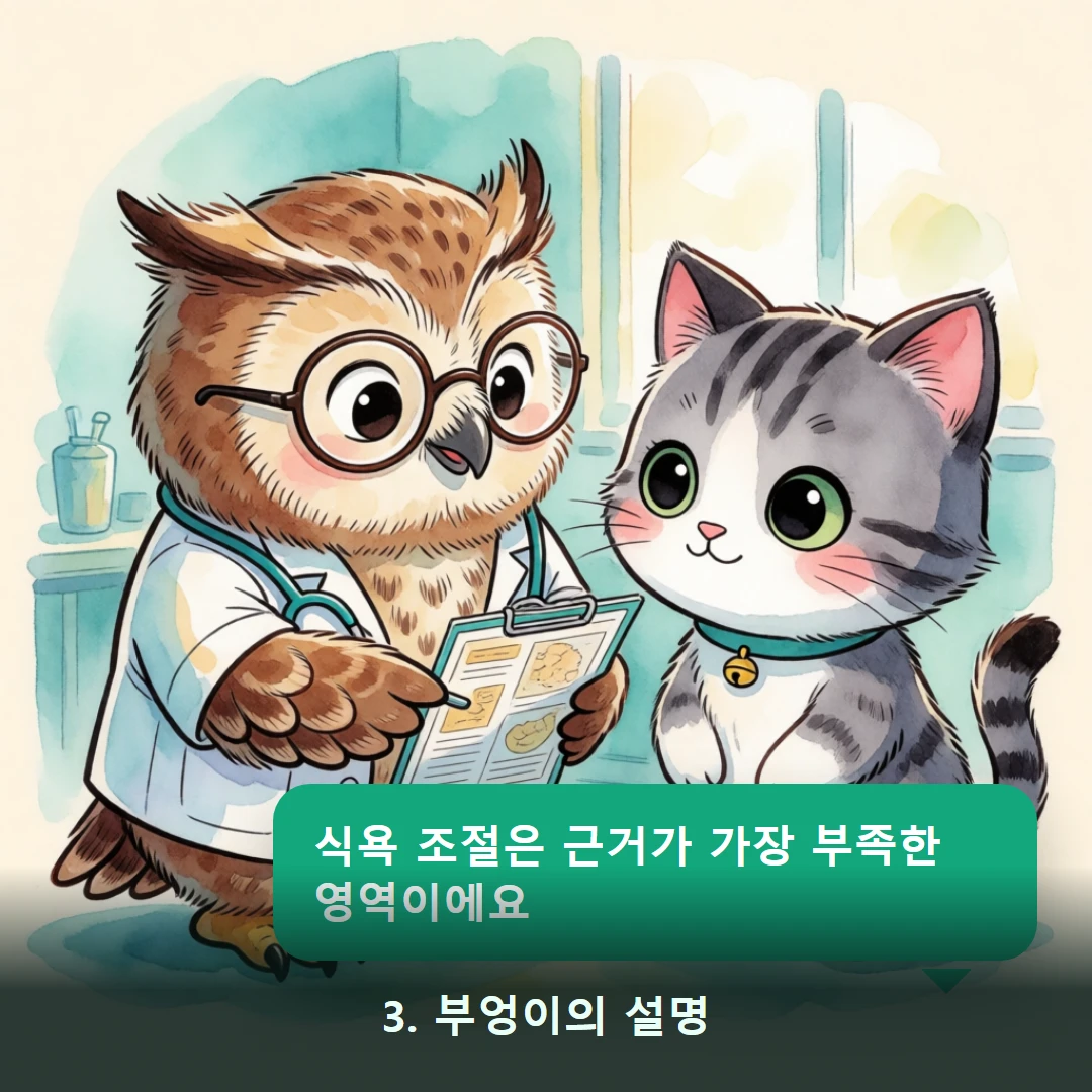 웹툰 3컷 — 3. 부엉이의 설명 (식욕 조절은 근거가 가장 부족한 영역이에요)