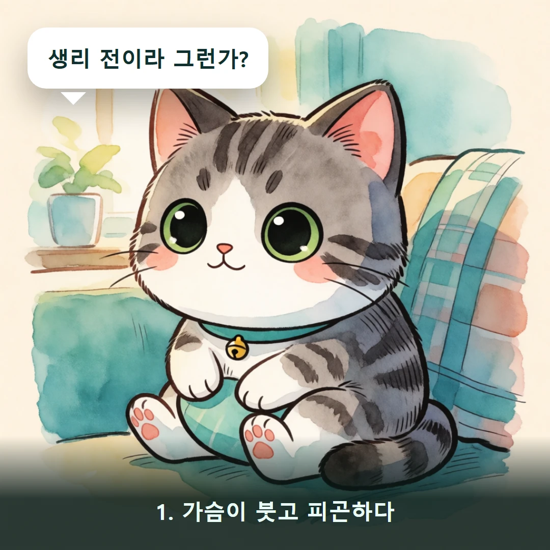 웹툰 1컷 — 1. 가슴이 붓고 피곤하다 (생리 전이라 그런가?)