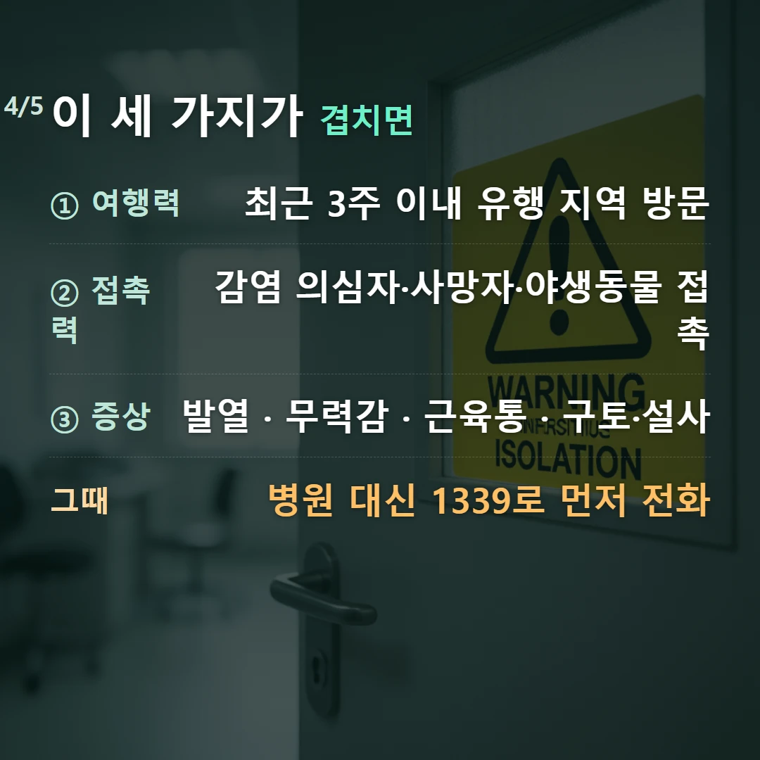 이 세 가지가 겹치면 — ① 여행력 최근 3주 이내 유행 지역 방문, ② 접촉력 감염 의심자·사망자·야생동물 접촉, ③ 증상 발열 · 무력감 · 근육통 · 구토·설사, 그때 병원 대신 1339로 먼저 전화