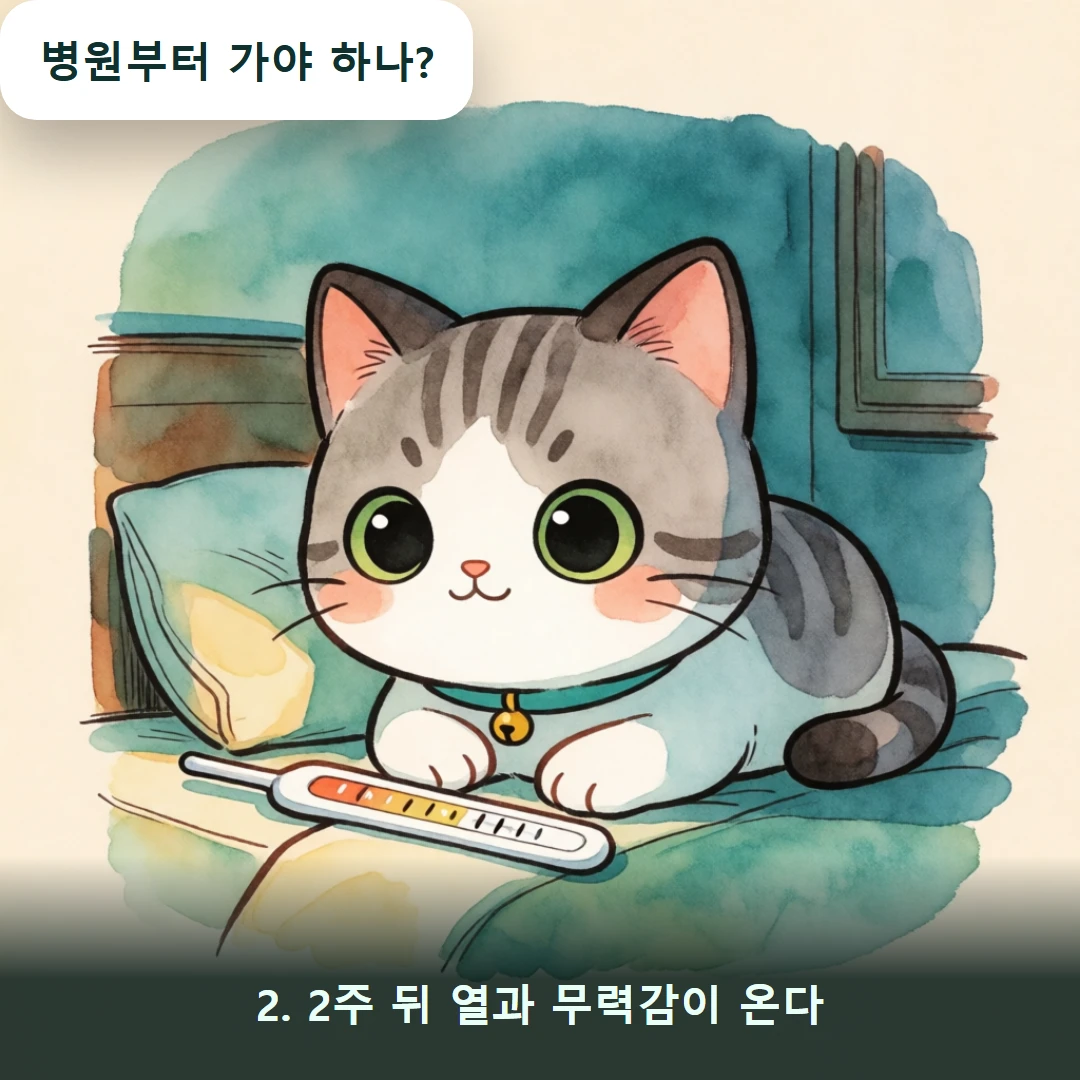 웹툰 2컷 — 2. 2주 뒤 열과 무력감이 온다 (병원부터 가야 하나?)