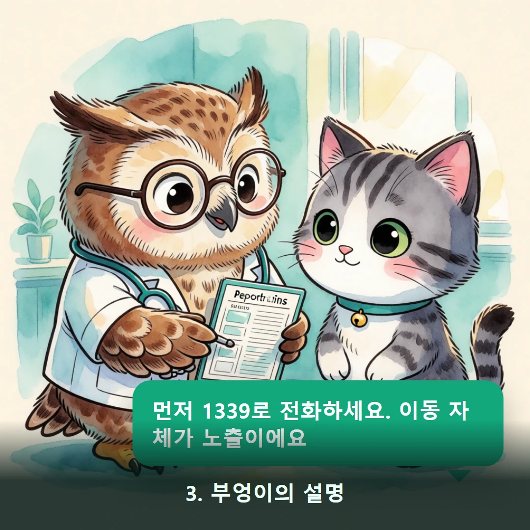 웹툰 3컷 — 3. 부엉이의 설명 (먼저 1339로 전화하세요. 이동 자체가 노출이에요)