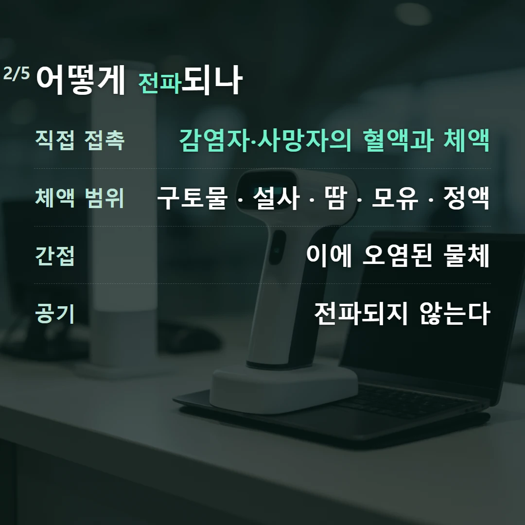 어떻게 전파되나 — 직접 접촉 감염자·사망자의 혈액과 체액, 체액 범위 구토물 · 설사 · 땀 · 모유 · 정액, 간접 이에 오염된 물체, 공기 전파되지 않는다