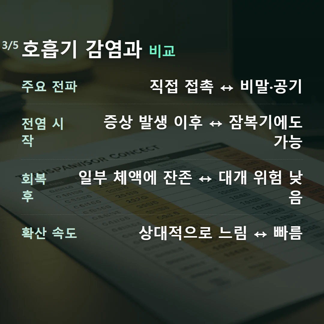 호흡기 감염과 비교 — 주요 전파 직접 접촉 ↔ 비말·공기, 전염 시작 증상 발생 이후 ↔ 잠복기에도 가능, 회복 후 일부 체액에 잔존 ↔ 대개 위험 낮음, 확산 속도 상대적으로 느림 ↔ 빠름