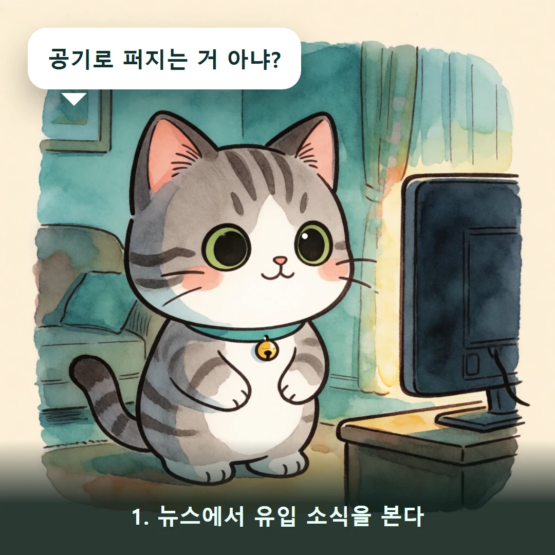웹툰 1컷 — 1. 뉴스에서 유입 소식을 본다 (공기로 퍼지는 거 아냐?)