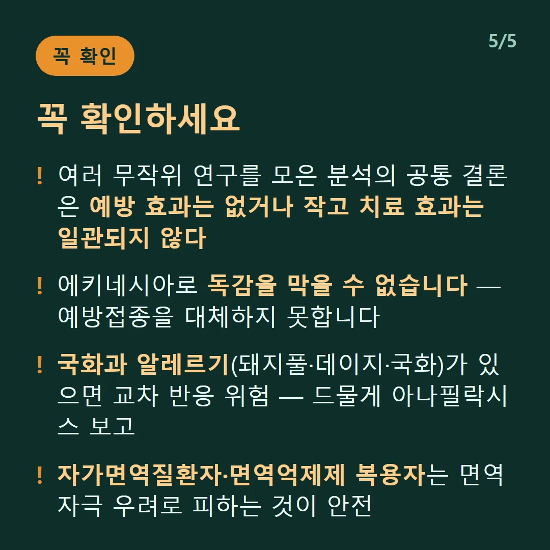 꼭 확인하세요 — 여러 무작위 연구를 모은 분석의 공통 결론은 예방 효과는 없거나 작고 치료 효과는 일관되지 않다 / 에키네시아로 독감을 막을 수 없습니다 — 예방접종을 대체하지 못합니다 / 국화과 알레르기(돼지풀·데이지·국화)가 있으면 교차 반응 위험 — 드물게 아나필락시스 보고 / 자가면역질환자·면역억제제 복용자는 면역 자극 우려로 피하는 것이 안전
