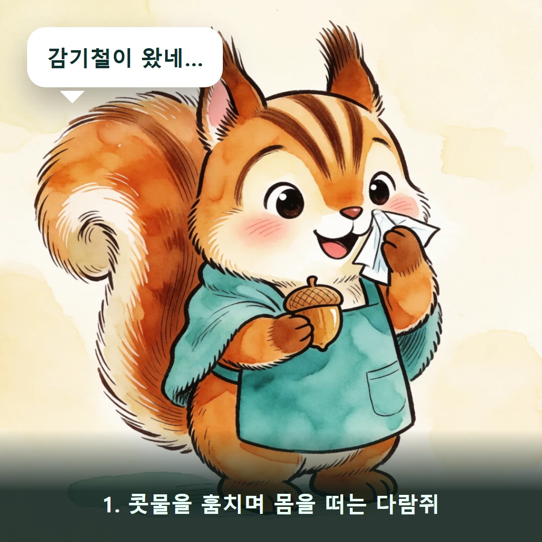 웹툰 1컷 — 1. 콧물을 훔치며 몸을 떠는 다람쥐 (감기철이 왔네…)