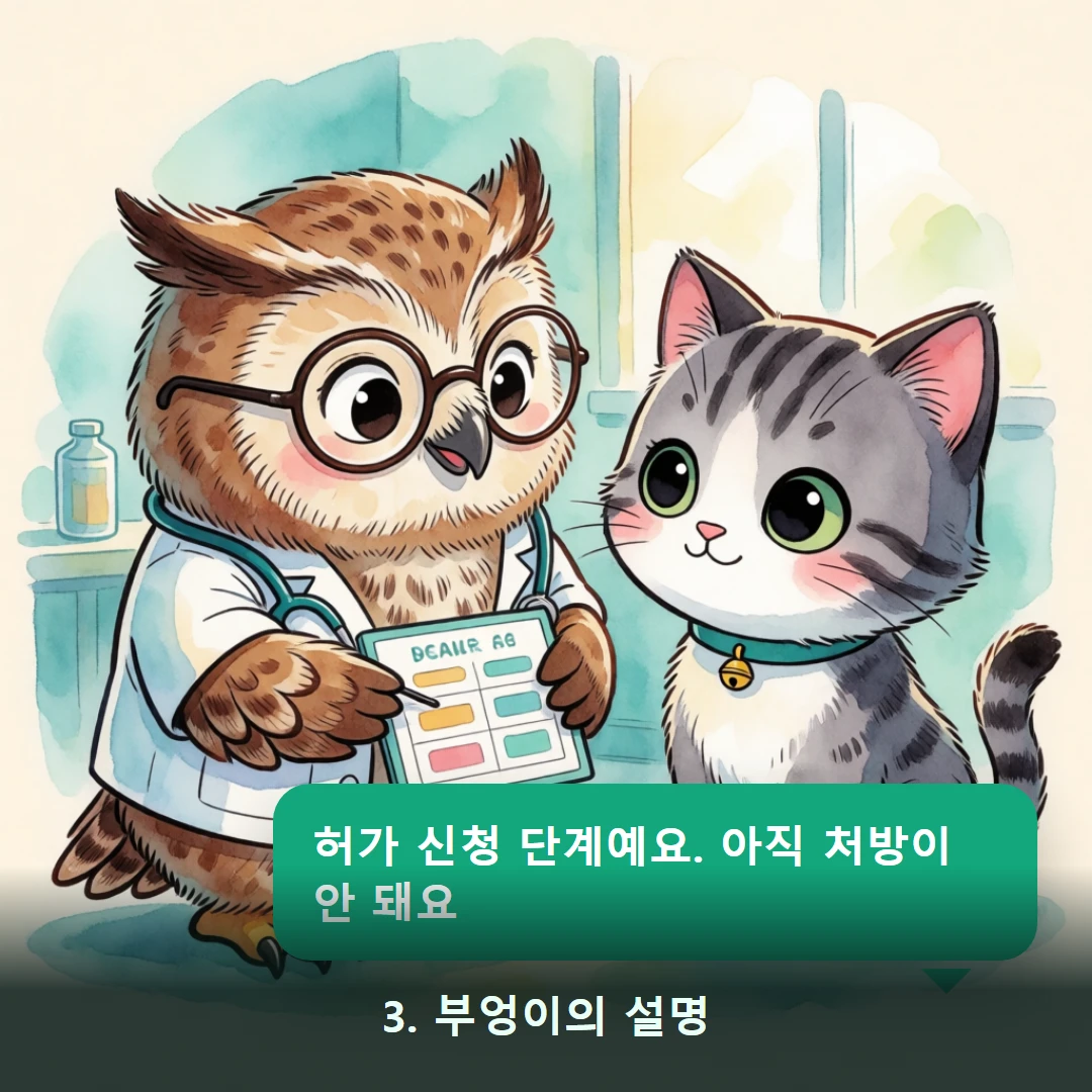 웹툰 3컷 — 3. 부엉이의 설명 (허가 신청 단계예요. 아직 처방이 안 돼요)