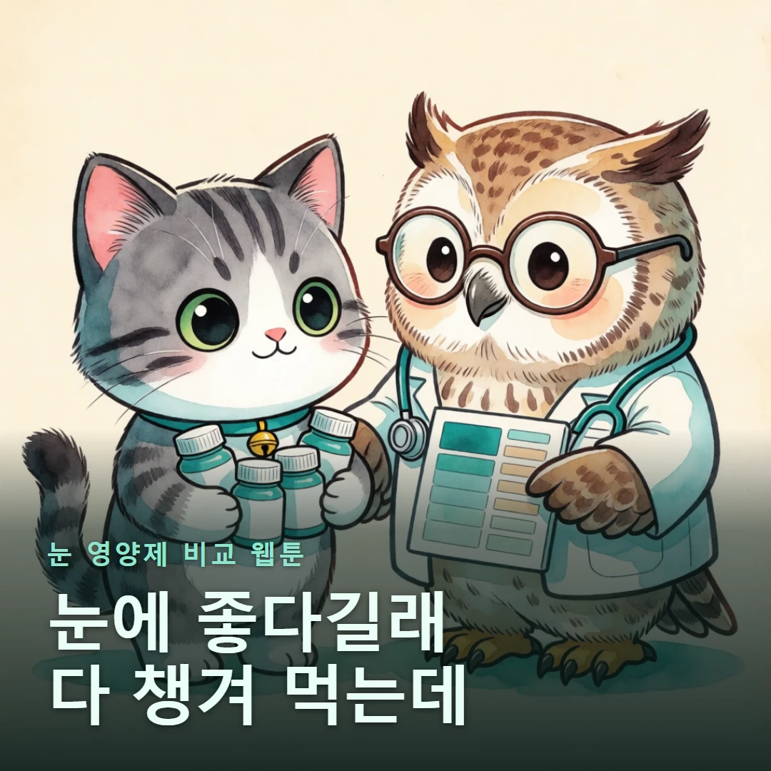 눈 영양제 비교 웹툰 표지 — 눈에 좋다길래 다 챙겨 먹는데