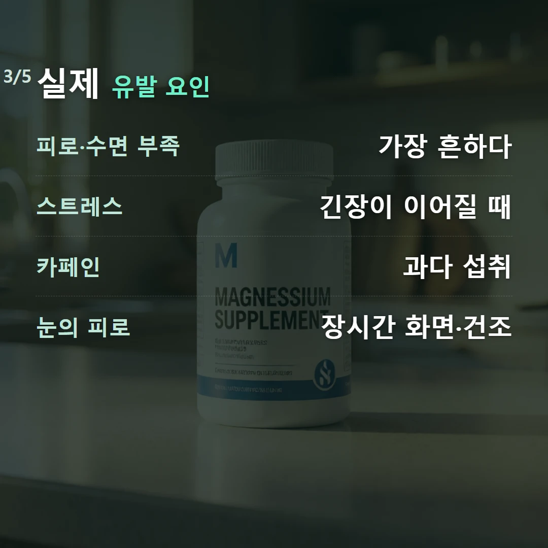 실제 유발 요인 — 피로·수면 부족 가장 흔하다, 스트레스 긴장이 이어질 때, 카페인 과다 섭취, 눈의 피로 장시간 화면·건조