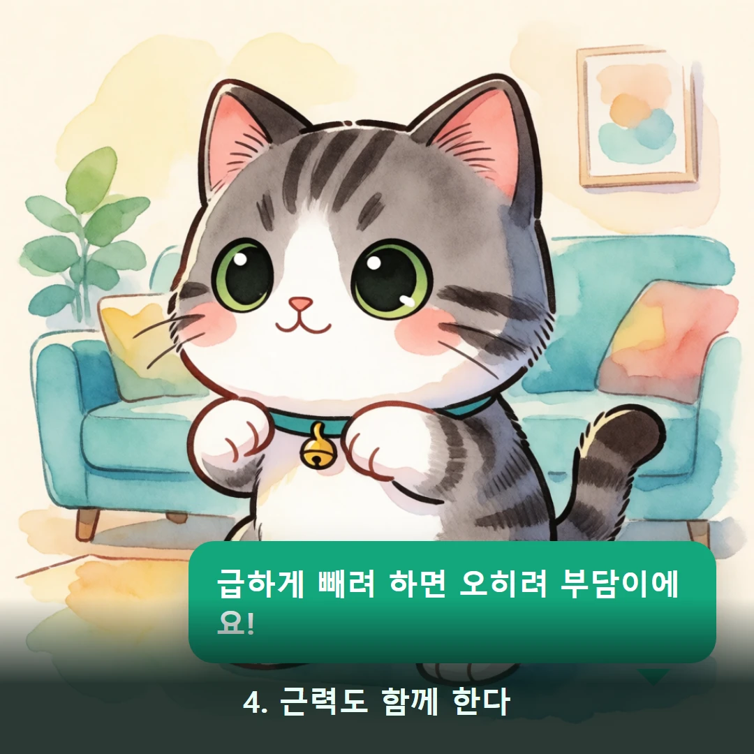 웹툰 4컷 — 4. 근력도 함께 한다 (급하게 빼려 하면 오히려 부담이에요!)