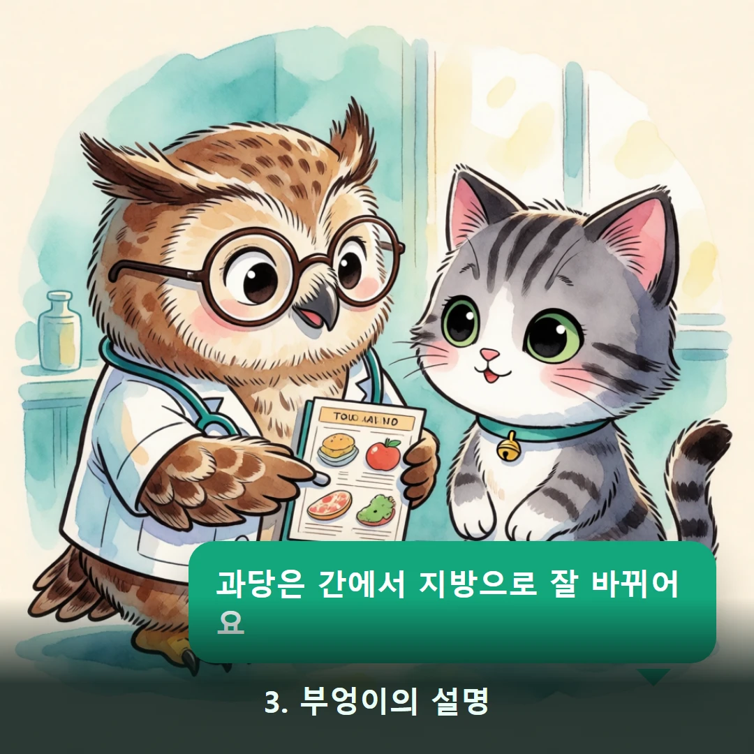웹툰 3컷 — 3. 부엉이의 설명 (과당은 간에서 지방으로 잘 바뀌어요)