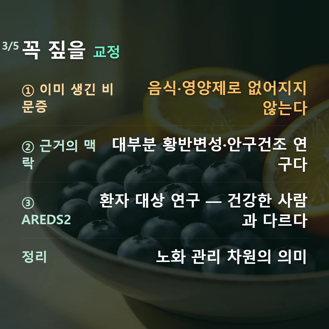 꼭 짚을 교정 — ① 이미 생긴 비문증 음식·영양제로 없어지지 않는다, ② 근거의 맥락 대부분 황반변성·안구건조 연구다, ③ AREDS2 환자 대상 연구 — 건강한 사람과 다르다, 정리 노화 관리 차원의 의미