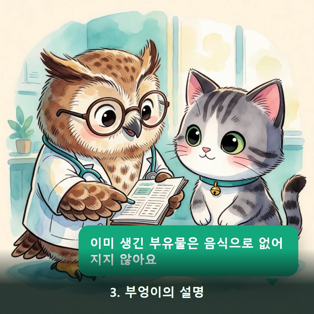 웹툰 3컷 — 3. 부엉이의 설명 (이미 생긴 부유물은 음식으로 없어지지 않아요)