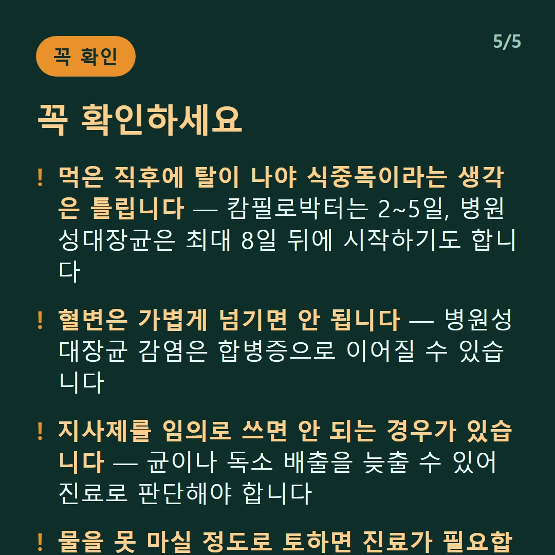 꼭 확인하세요 — 먹은 직후에 탈이 나야 식중독이라는 생각은 틀립니다 — 캄필로박터는 2~5일, 병원성대장균은 최대 8일 뒤에 시작하기도 합니다 / 혈변은 가볍게 넘기면 안 됩니다 — 병원성대장균 감염은 합병증으로 이어질 수 있습니다 / 지사제를 임의로 쓰면 안 되는 경우가 있습니다 — 균이나 독소 배출을 늦출 수 있어 진료로 판단해야 합니다 / 물을 못 마실 정도로 토하면 진료가 필요합니다 — 탈수가 빠르게 진행됩니다
