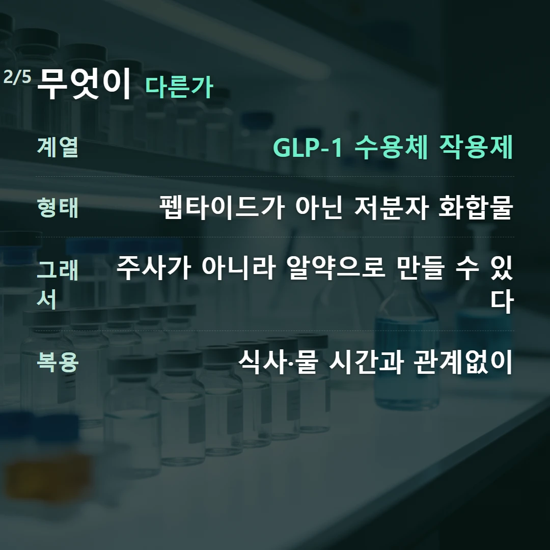 무엇이 다른가 — 계열 GLP-1 수용체 작용제, 형태 펩타이드가 아닌 저분자 화합물, 그래서 주사가 아니라 알약으로 만들 수 있다, 복용 식사·물 시간과 관계없이