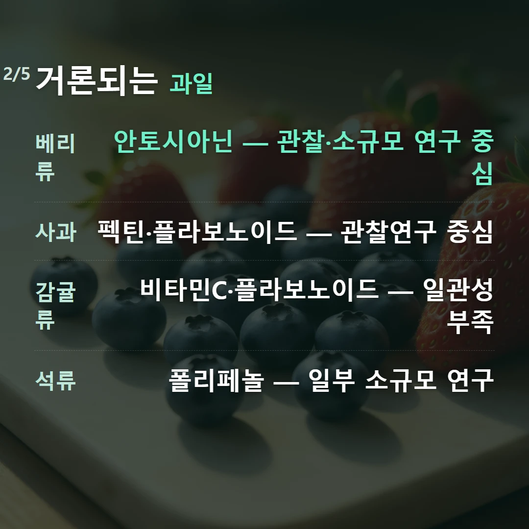 거론되는 과일 — 베리류 안토시아닌 — 관찰·소규모 연구 중심, 사과 펙틴·플라보노이드 — 관찰연구 중심, 감귤류 비타민C·플라보노이드 — 일관성 부족, 석류 폴리페놀 — 일부 소규모 연구