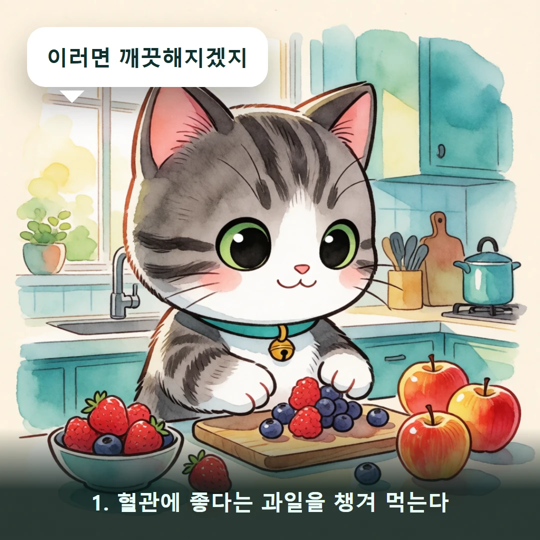 웹툰 1컷 — 1. 혈관에 좋다는 과일을 챙겨 먹는다 (이러면 깨끗해지겠지)