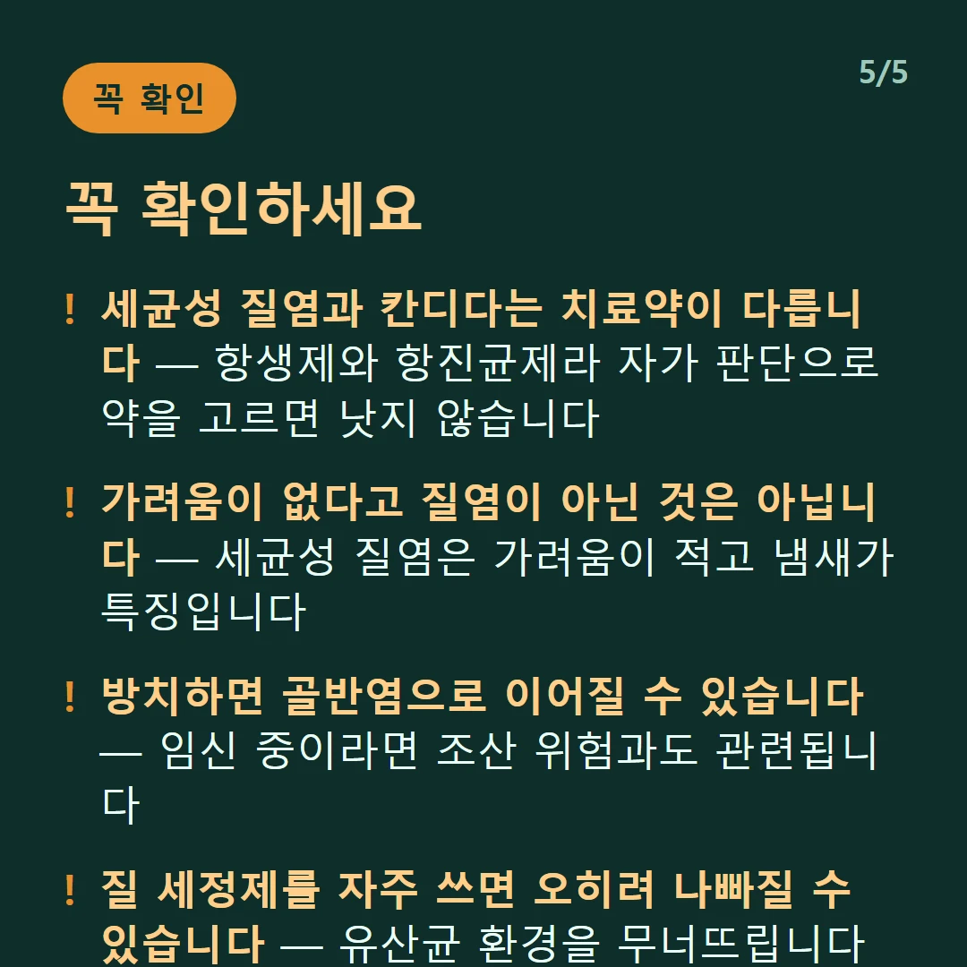 꼭 확인하세요 — 세균성 질염과 칸디다는 치료약이 다릅니다 — 항생제와 항진균제라 자가 판단으로 약을 고르면 낫지 않습니다 / 가려움이 없다고 질염이 아닌 것은 아닙니다 — 세균성 질염은 가려움이 적고 냄새가 특징입니다 / 방치하면 골반염으로 이어질 수 있습니다 — 임신 중이라면 조산 위험과도 관련됩니다 / 질 세정제를 자주 쓰면 오히려 나빠질 수 있습니다 — 유산균 환경을 무너뜨립니다