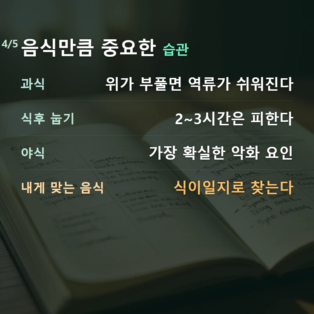 음식만큼 중요한 습관 — 과식 위가 부풀면 역류가 쉬워진다, 식후 눕기 2~3시간은 피한다, 야식 가장 확실한 악화 요인, 내게 맞는 음식 식이일지로 찾는다