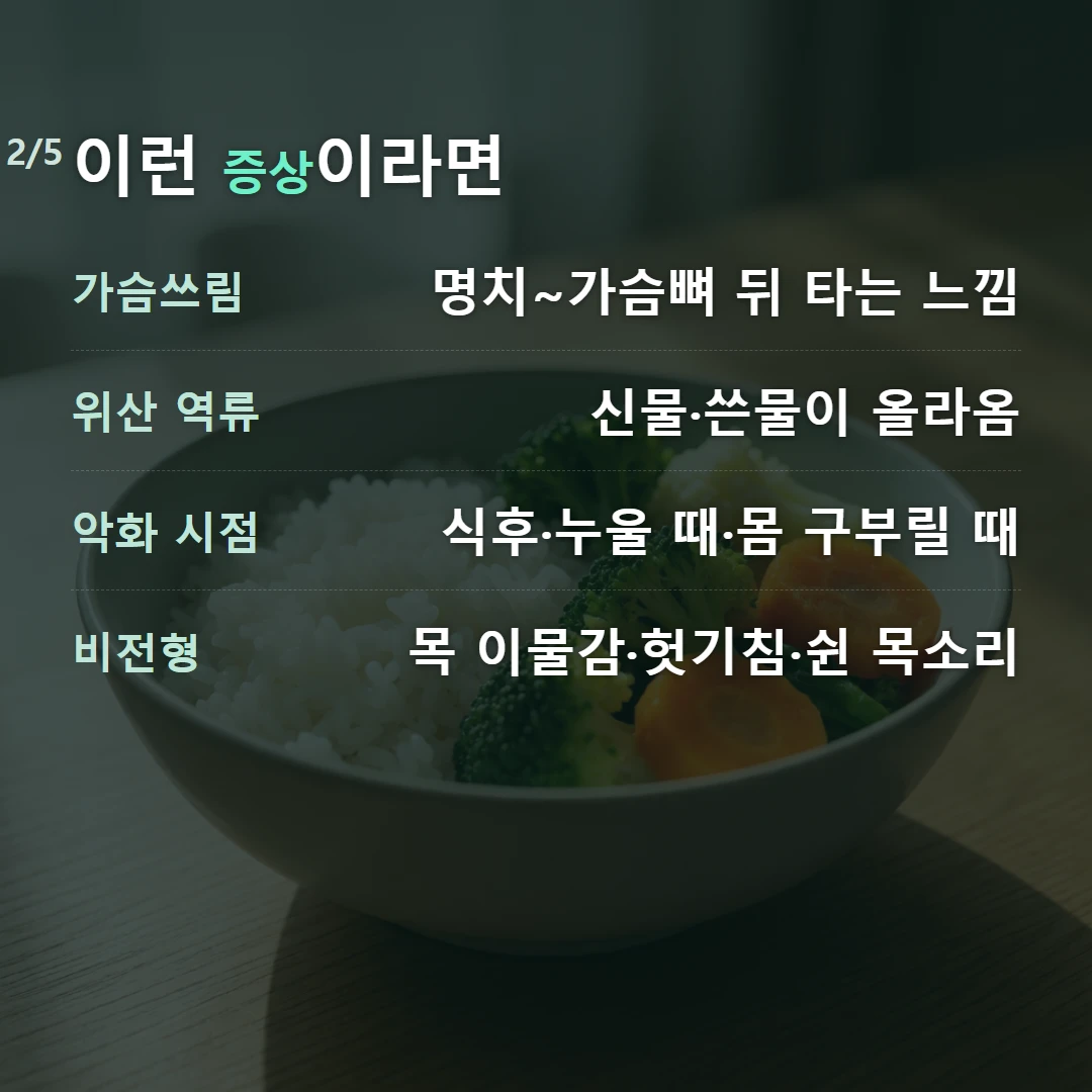 이런 증상이라면 — 가슴쓰림 명치~가슴뼈 뒤 타는 느낌, 위산 역류 신물·쓴물이 올라옴, 악화 시점 식후·누울 때·몸 구부릴 때, 비전형 목 이물감·헛기침·쉰 목소리