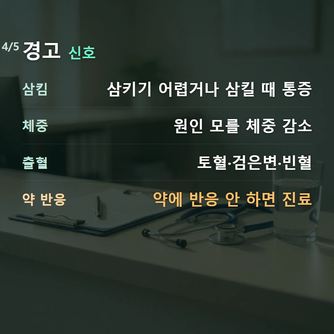 경고 신호 — 삼킴 삼키기 어렵거나 삼킬 때 통증, 체중 원인 모를 체중 감소, 출혈 토혈·검은변·빈혈, 약 반응 약에 반응 안 하면 진료