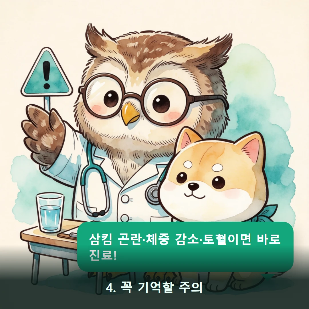 웹툰 4컷 — 4. 꼭 기억할 주의 (삼킴 곤란·체중 감소·토혈이면 바로 진료!)