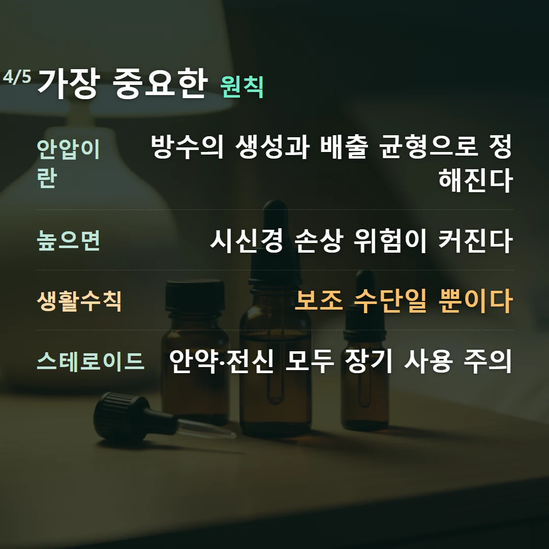 가장 중요한 원칙 — 안압이란 방수의 생성과 배출 균형으로 정해진다, 높으면 시신경 손상 위험이 커진다, 생활수칙 보조 수단일 뿐이다, 스테로이드 안약·전신 모두 장기 사용 주의