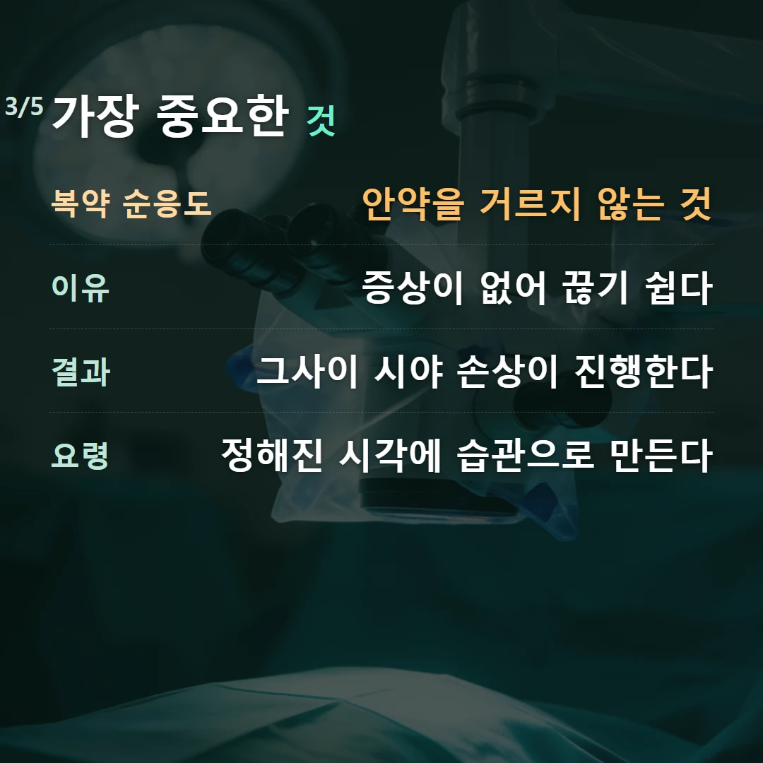 가장 중요한 것 — 복약 순응도 안약을 거르지 않는 것, 이유 증상이 없어 끊기 쉽다, 결과 그사이 시야 손상이 진행한다, 요령 정해진 시각에 습관으로 만든다