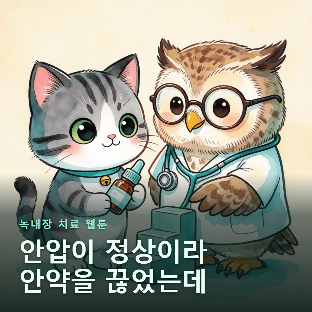 녹내장 치료 웹툰 표지 — 안압이 정상이라 안약을 끊었는데