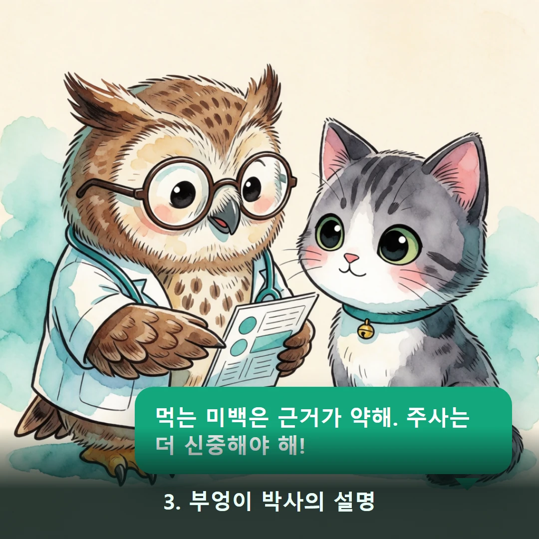 웹툰 3컷 — 3. 부엉이 박사의 설명 (먹는 미백은 근거가 약해. 주사는 더 신중해야 해!)